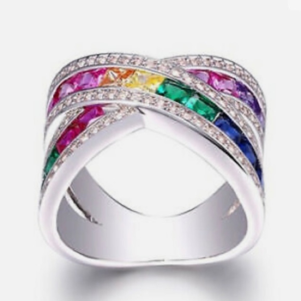 Multi-color Gemstones- Cubic Zirconia 925 Silver Ring - Picture 3 of 6